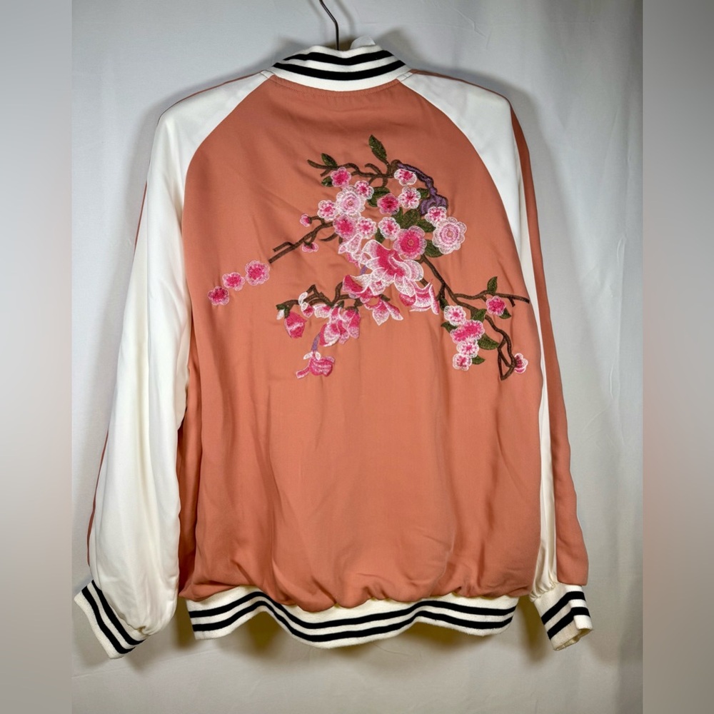 Gianni Bini Pink Women’s Cherry Blossom Embroidered Bomber Jacket Size Medium